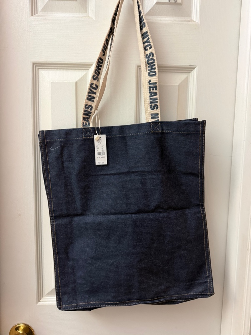 New York & Company Navy Denim Tote with Branded Canvas Straps